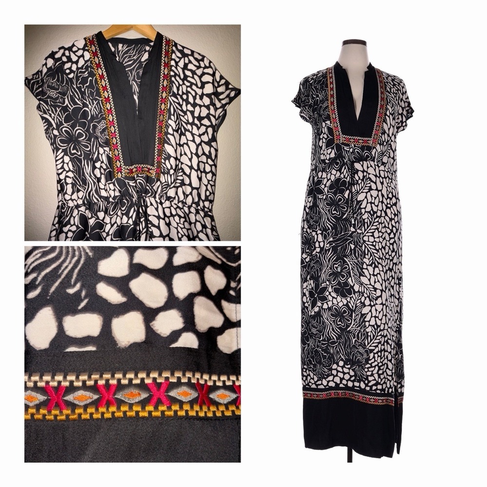 Adrianna Papell Women's Black Animal Print Embroidered Maxi tie Waist Dress M/L